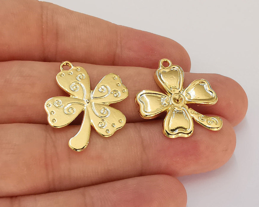 2 Clover Charms Shiny Gold Plated Charms (26x21mm)  G22540