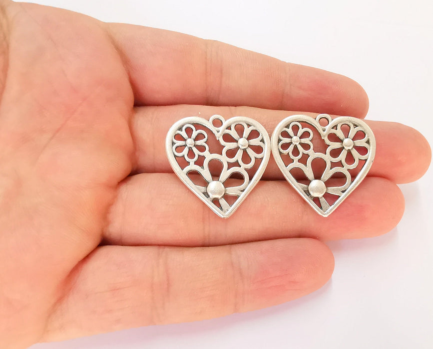 2 Heart Flower Charms Antique Silver Plated Charms (28x28mm)  G28581