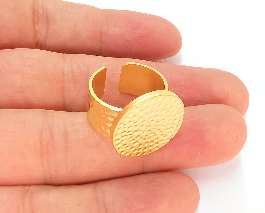 Gold Ring Blank Setting Cabochon Base Ring Hammered Mounting Adjustable Ring Bezel (20mm blank ) Gold Plated Metal G22577