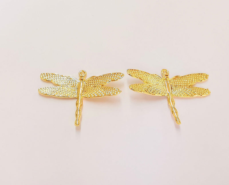 2 Dragonfly Charms 24k Shiny Gold Charms (34x26mm)  G22582