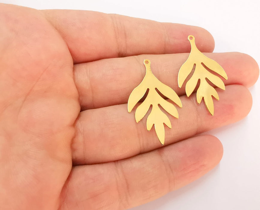 2 Leaf Charms 24k Shiny Gold Plated Brass Charms (36x22mm)  G22583