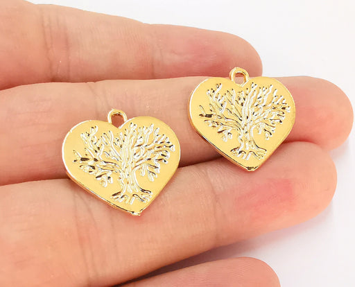 2 Heart Tree Charms 24K Shiny Gold Plated Charms (23x22mm)  G22584