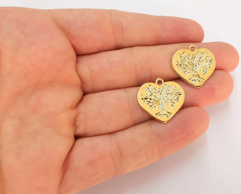 2 Heart Tree Charms 24K Shiny Gold Plated Charms (23x22mm)  G22584
