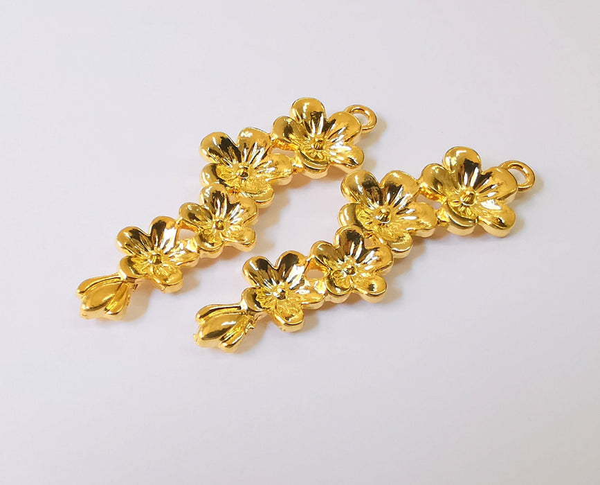2 Flower Charms 24k Shiny Gold Plated Charms (56x15mm)  G22943