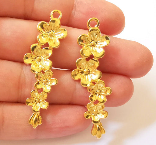 2 Flower Charms 24k Shiny Gold Plated Charms (56x15mm)  G22943