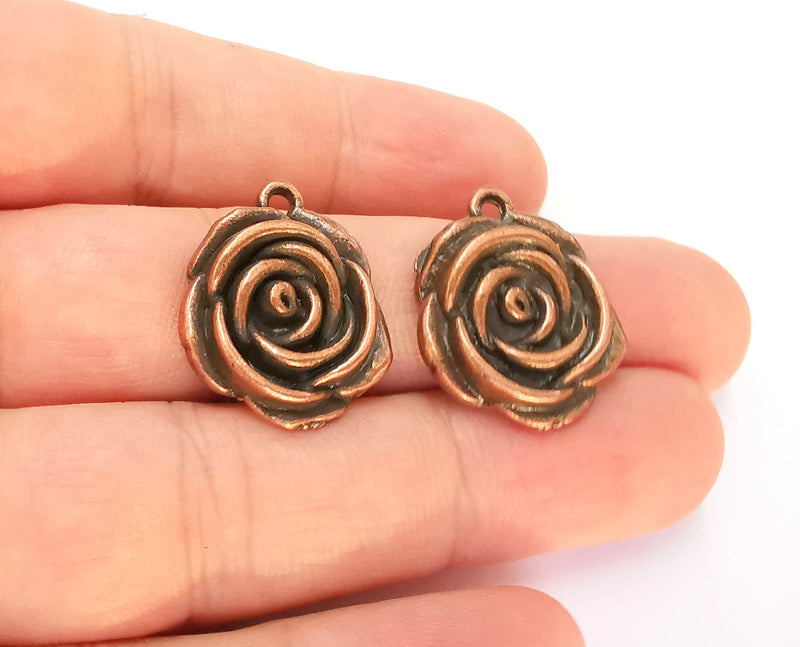 2 Rose Flower Charms Antique Copper Plated Charms (24x20mm)  G22629