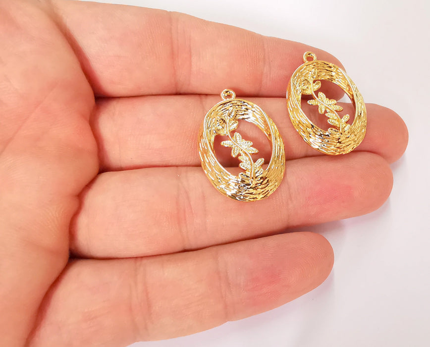 2 Flower Charms 24k Shiny Gold Plated Charms (30x21mm)  G22971