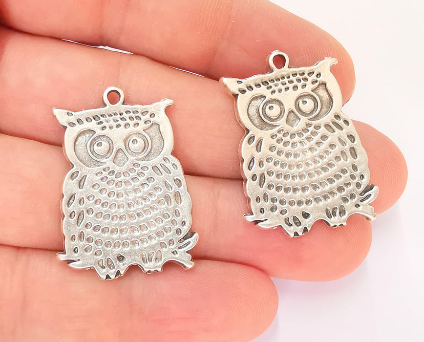 2 Owl Charm Antique Silver Plated Charms (33x24mm) G22977