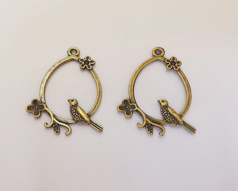 2 Bird Flower Charms Antique Bronze Plated Charms (39x30mm)  G22648