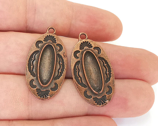 2 Copper Charm Cabochon Blank Bezel Antique Copper Plated Charm (34x18mm) (18x6mm Blank size) G22652