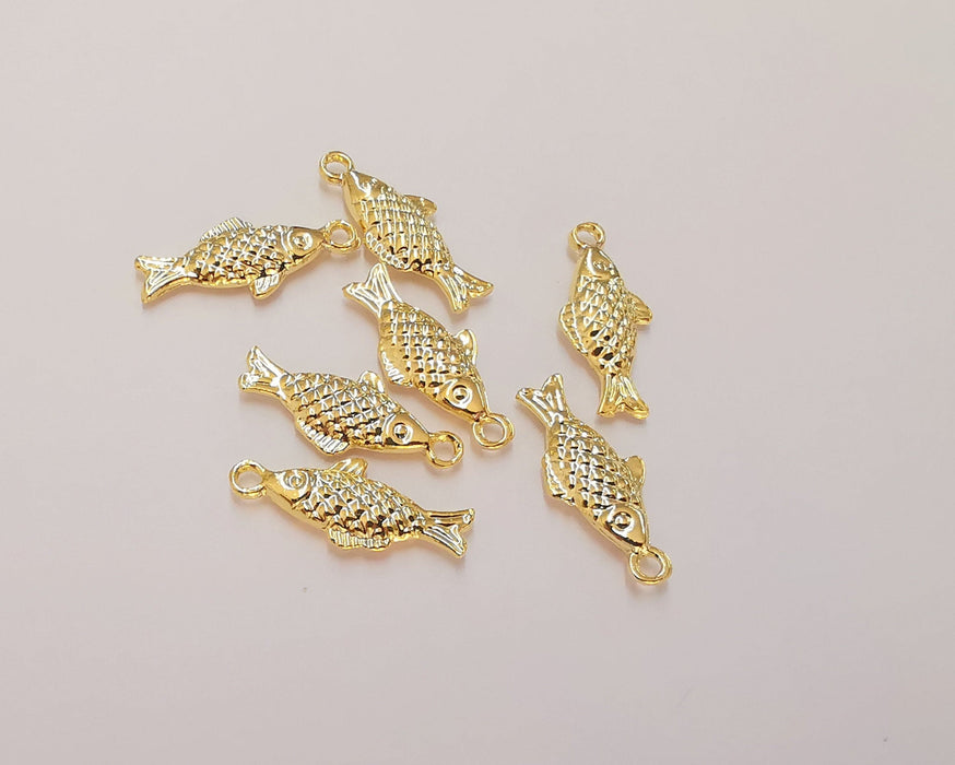 5 Fish Charms (Double Sided) 24k Shiny Gold Plated Charms (19x8mm)  G22665