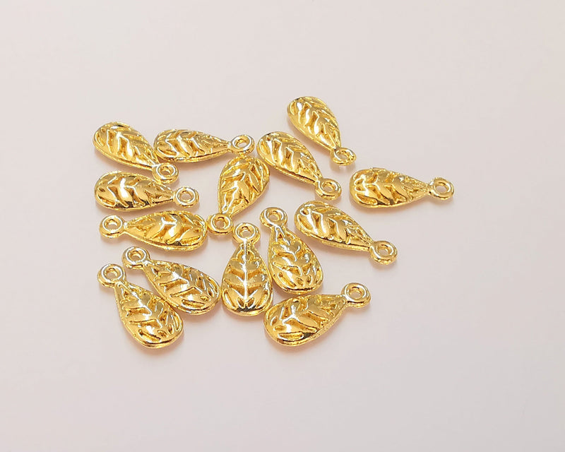10 Leaf Charms (Double Sided) 24k Shiny Gold Plated Charms (15x7mm)  G22666