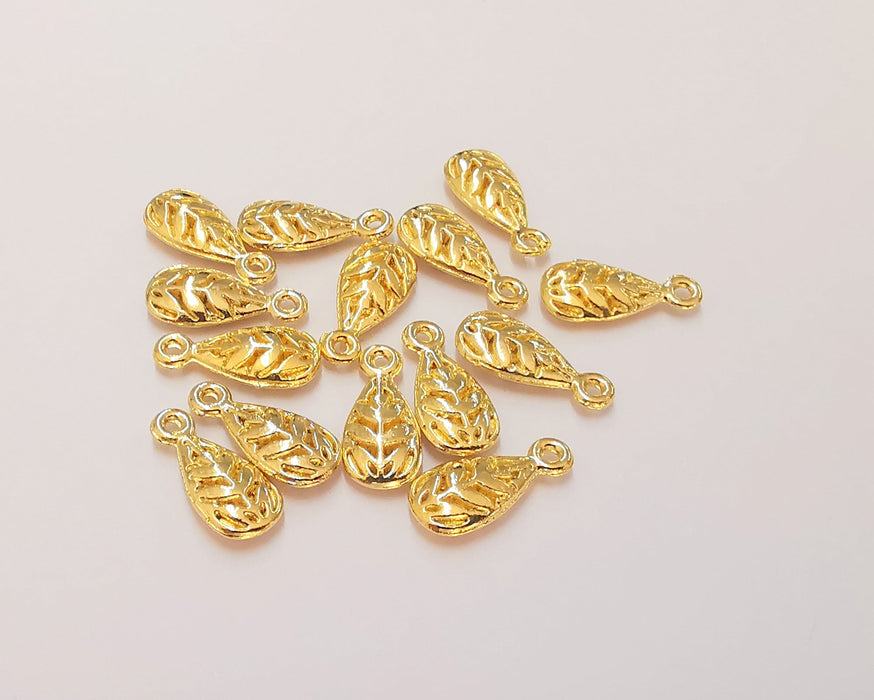 10 Leaf Charms (Double Sided) 24k Shiny Gold Plated Charms (15x7mm)  G22666