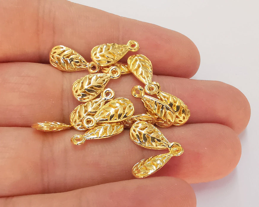 10 Leaf Charms (Double Sided) 24k Shiny Gold Plated Charms (15x7mm)  G22666