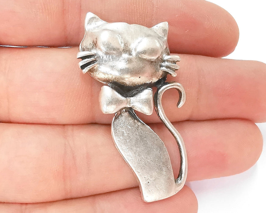 2 Cat Charms Antique Silver Plated Charms (Top Hole) (50mm)  G22999