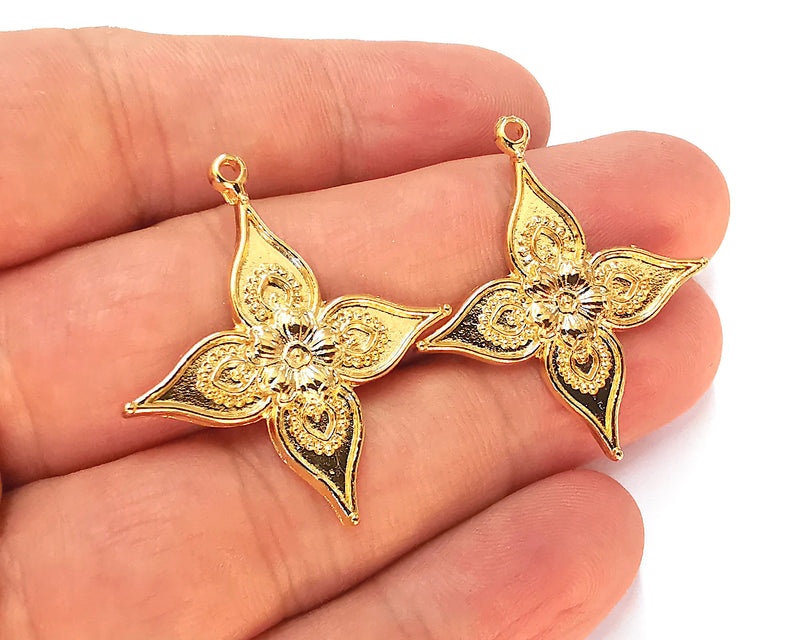 2 Flower Charms 24k Shiny Gold Plated Charms (36x32mm)  G22676