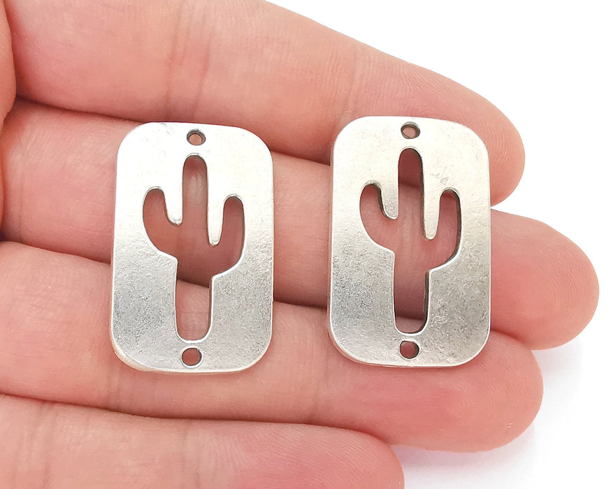 2 Cactus Charms Connector Antique Silver Plated Charms (32x20mm)  G22677