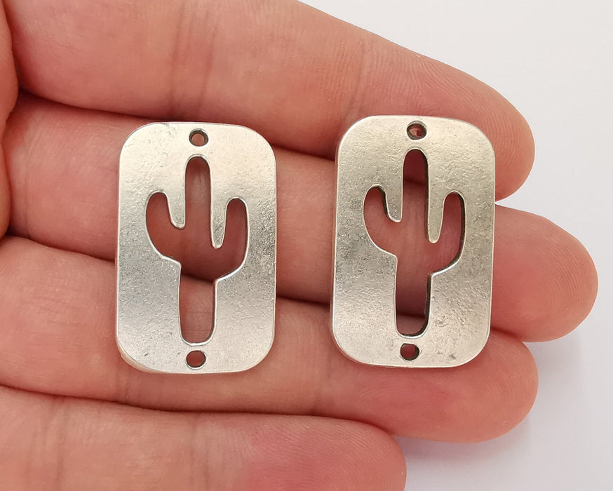 2 Cactus Charms Connector Antique Silver Plated Charms (32x20mm)  G22677