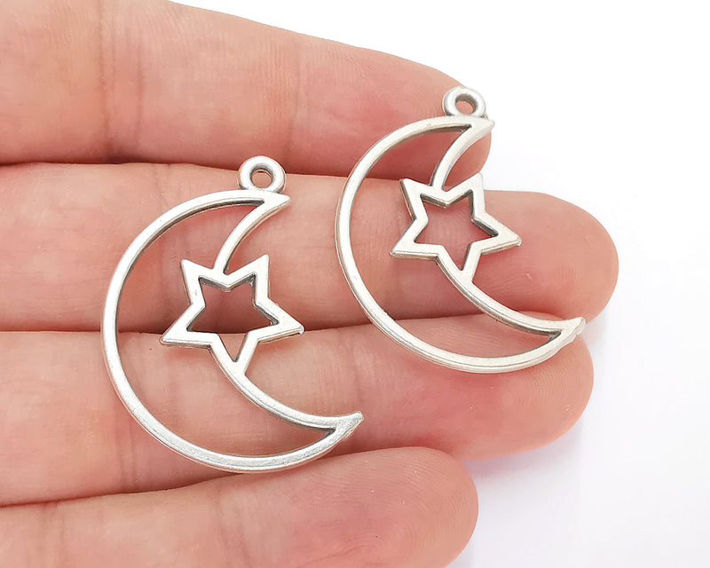 4 Crescent Star Charms Antique Silver Plated Charms (36x25mm)  G22687