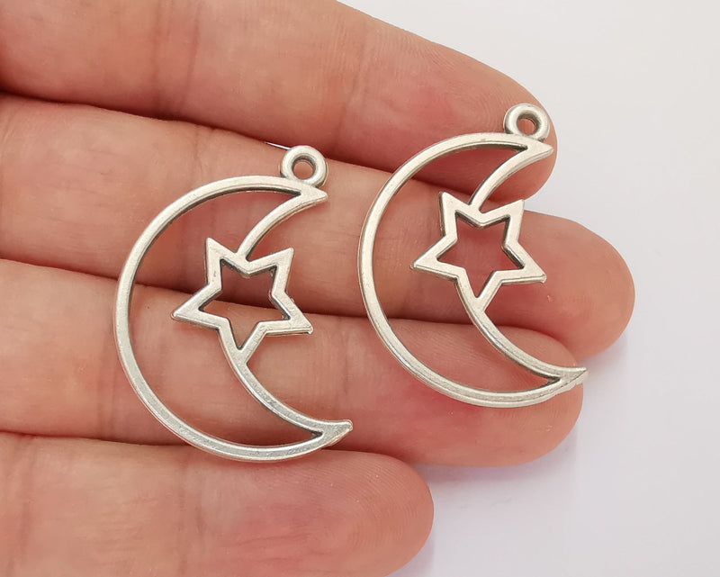 4 Crescent Star Charms Antique Silver Plated Charms (36x25mm)  G22687