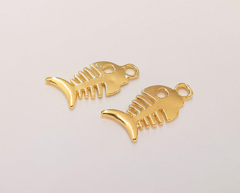 2 Fish Bone Charms (Double Sided) 24k Shiny Gold Plated Charms (27x11mm)  G22692