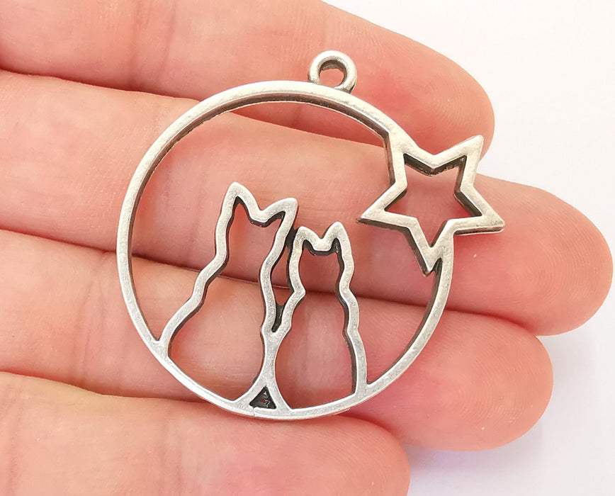 2 Star Cat Charms Antique Silver Plated Charms (43x38mm) G22694