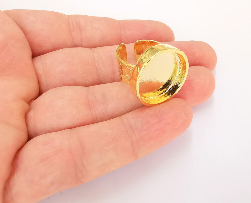 Gold Ring Setting Blank Bezel Ring Mounting Cabochon Base Adjustable inlay Ring Mosaic Ring Blank (20mm) 24K Shiny Gold Plated  G22950