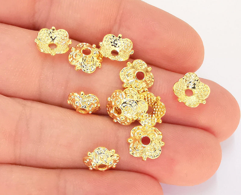 10 Flower Bead Caps Findings 24K Shiny Gold Plated Findings (10mm) G23012