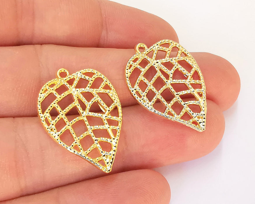 2 Leaf Charms 24K Shiny Gold Plated Charms (29x20mm)  G22948