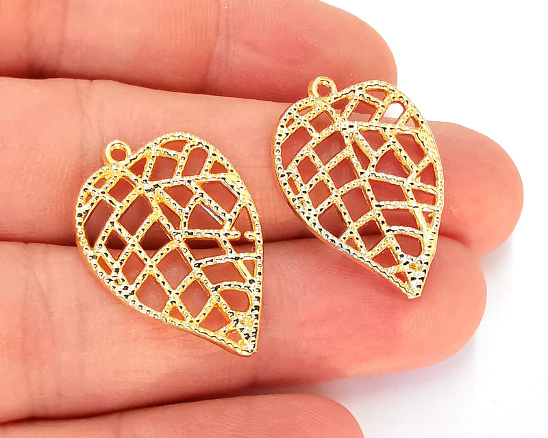 2 Leaf Charms 24K Shiny Gold Plated Charms (29x20mm)  G22948
