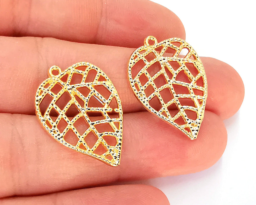 2 Leaf Charms 24K Shiny Gold Plated Charms (29x20mm)  G22948