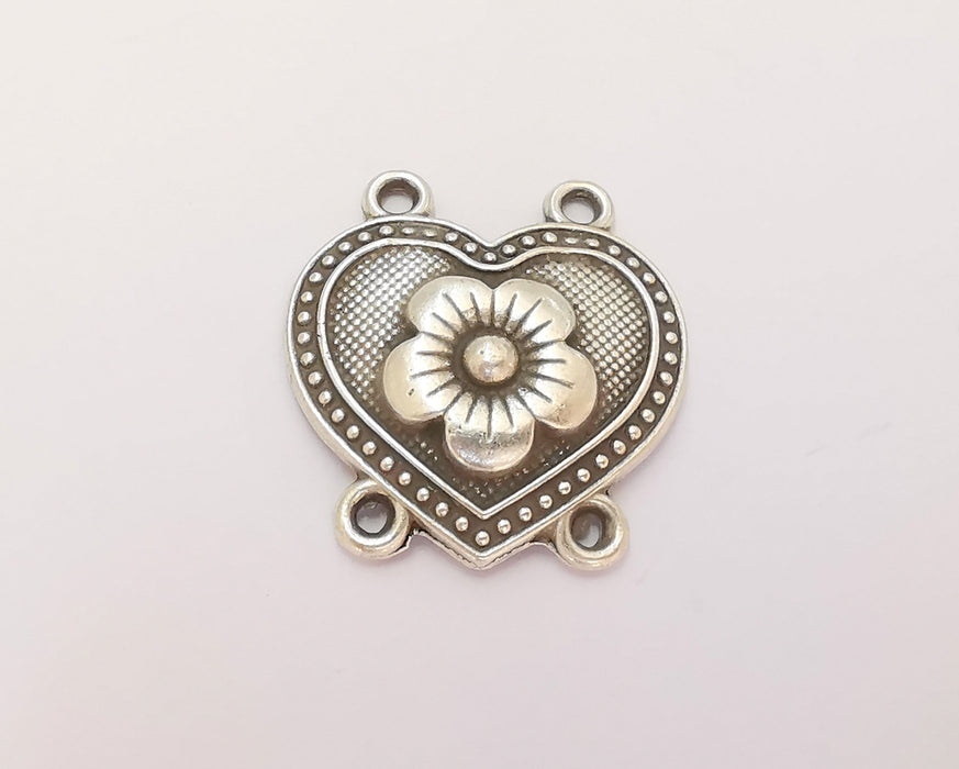 4 Heart Flower Connector Charms Antique Silver Plated Charms (32x30mm) G22700