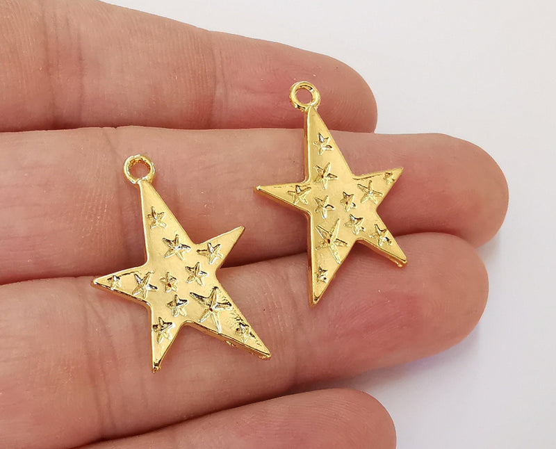 2 Star Charms 24k Shiny Gold Plated Charms (30x22mm)  G22706
