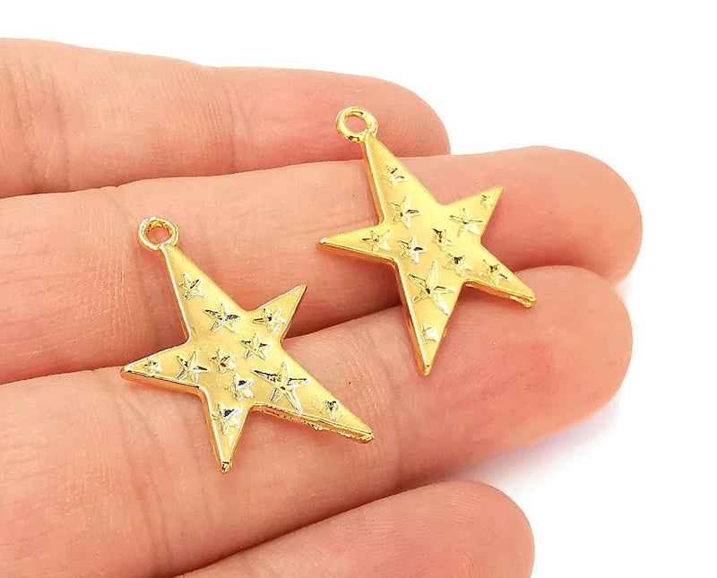 2 Star Charms 24k Shiny Gold Plated Charms (30x22mm)  G22706