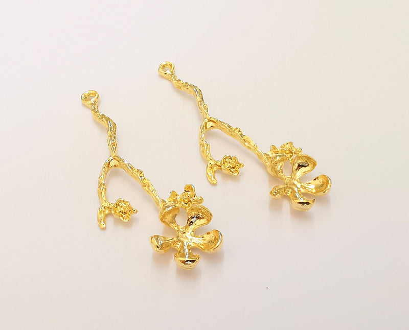 2  Flower Charm  24K Shiny Gold Plated Charms (61x21mm) G22709