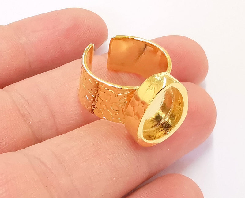 Gold Ring Setting Blank Bezel Ring Mounting Cabochon Base Adjustable inlay Ring Mosaic Ring Blank (14x10mm) 24K Shiny Gold Plated  G23046