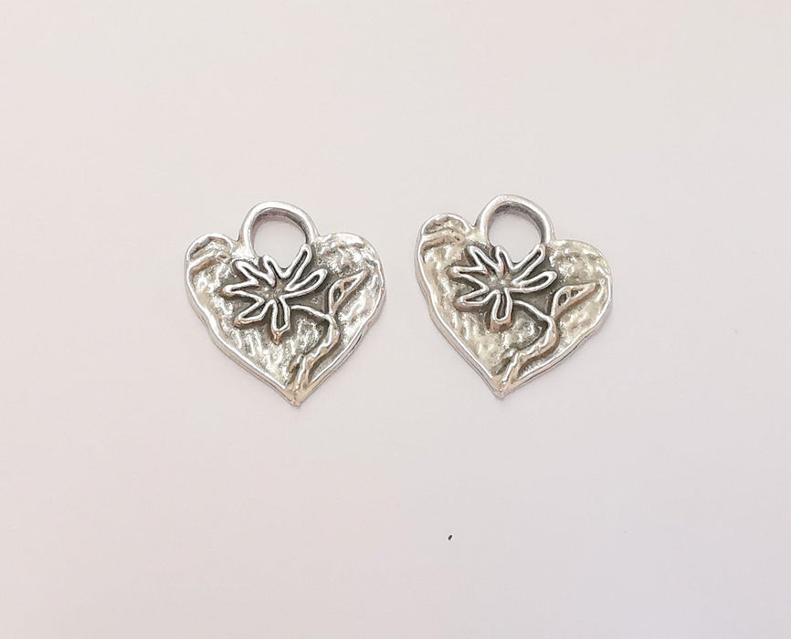 4 Heart Flower Charms Antique Silver Plated Charms (20x18mm)  G23050