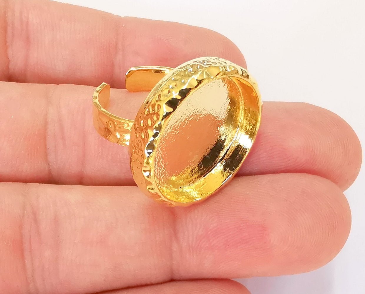Gold Ring Setting Blank Bezel Ring Mounting Cabochon Base Adjustable inlay Ring Mosaic Ring Blank (20mm) 24K Shiny Gold Plated  G23085