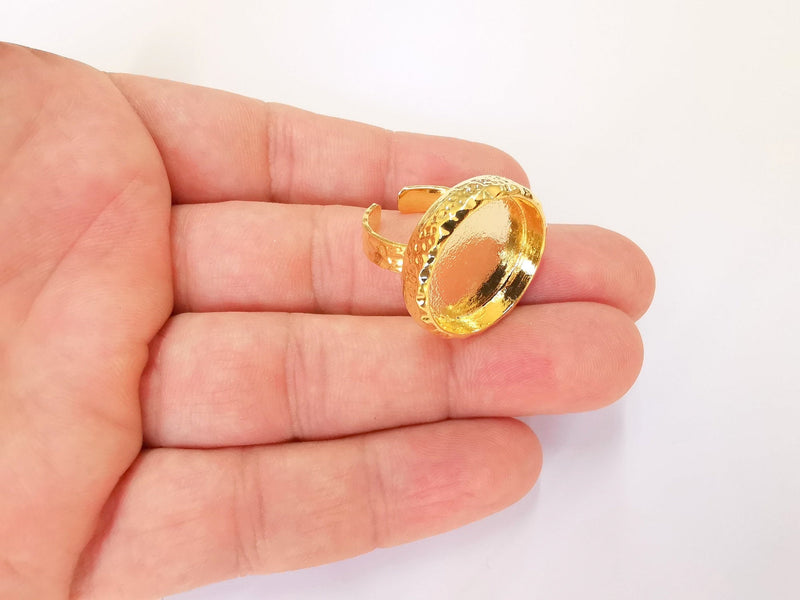 Gold Ring Setting Blank Bezel Ring Mounting Cabochon Base Adjustable inlay Ring Mosaic Ring Blank (20mm) 24K Shiny Gold Plated  G23085