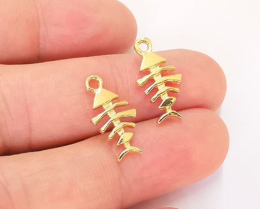 5 Fishbone Charms (Double Sided) 24k Shiny Gold Plated Charms (20x10mm)  G23086