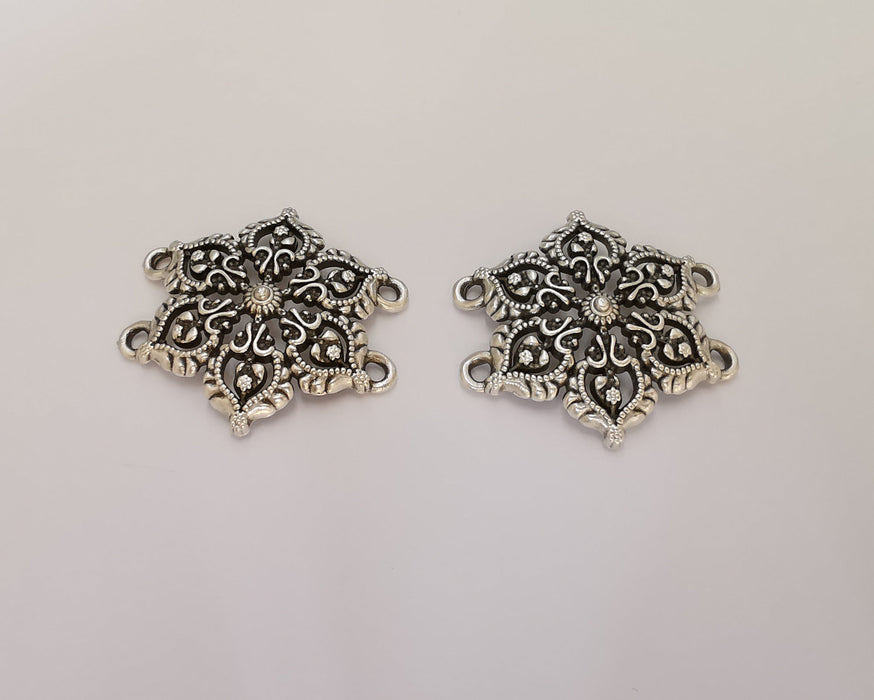 2 Flower Charms Connector Antique Silver Plated Charms (36x34mm)  G22716