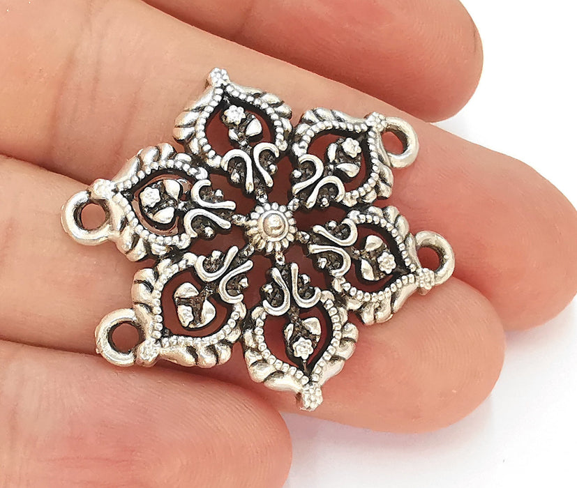 2 Flower Charms Connector Antique Silver Plated Charms (36x34mm)  G22716