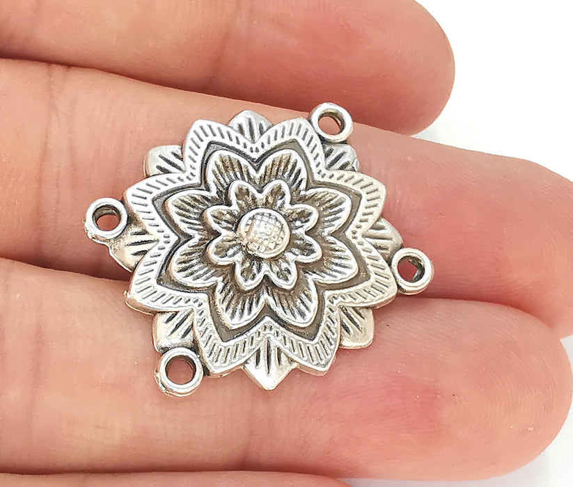 2 Flower Charms Connector Antique Silver Plated Charms (28x26mm)  G22718