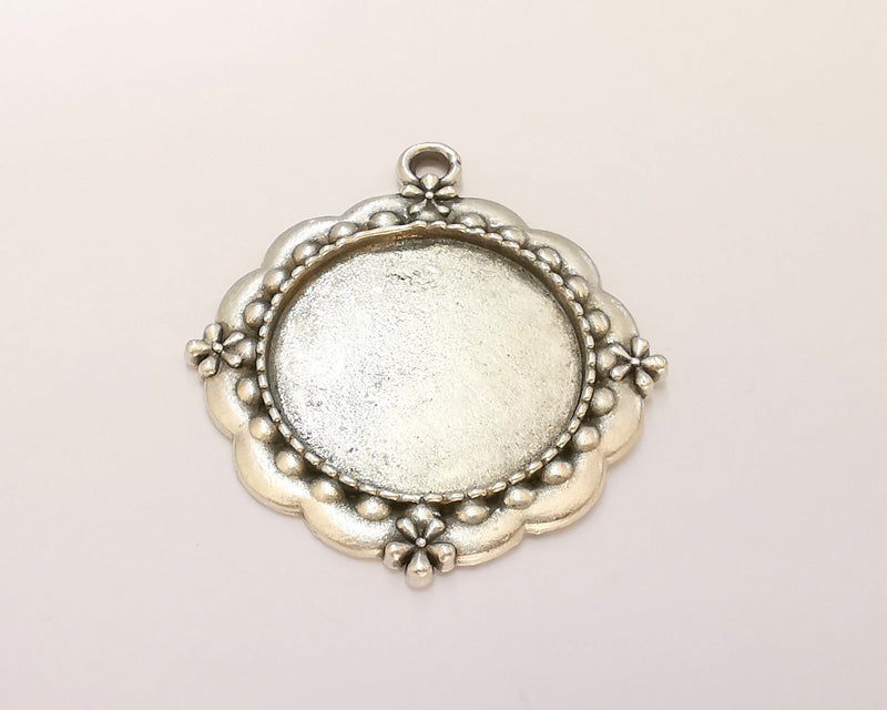 Flowers Frame Pendant Blank Antique Silver Plated Pendant (42x37mm) (24mm Blank Size)  G22721