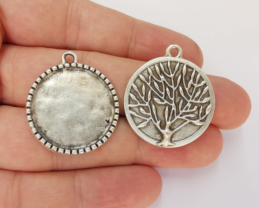 2 Tree Frame Pendant Blank Antique Silver Plated Pendant (32x28mm) (24mm Blank Size)  G22723