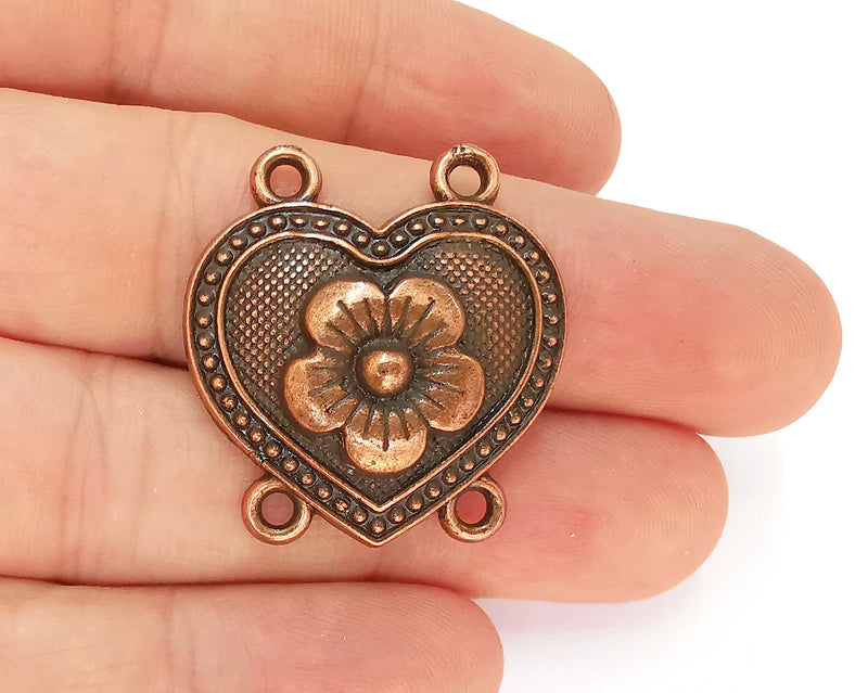 2 Heart Flower Connector Charms with four Loop Antique Copper Plated Charms (32x30mm) G22726