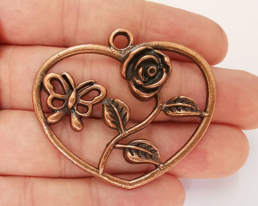 Heart Rose Butterfly Pendant Antique Copper Plated Pendant (51x46mm)  G22727