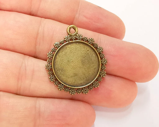 2 Flowers Frame Pendant Blank Antique Bronze Plated Pendant (31x27mm) (20mm Blank Size)  G22754