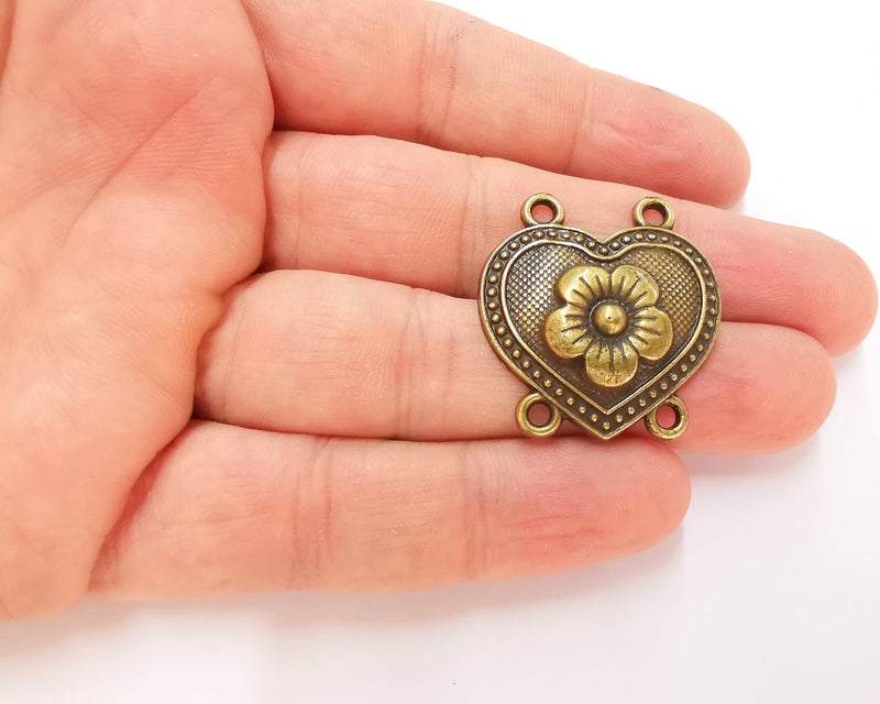 2 Heart Flower Connector Charms with four Loop Antique Bronze Plated Charms (32x30mm) G22759