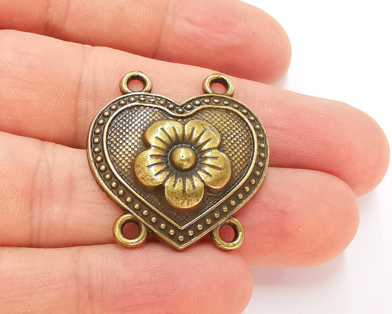 2 Heart Flower Connector Charms with four Loop Antique Bronze Plated Charms (32x30mm) G22759